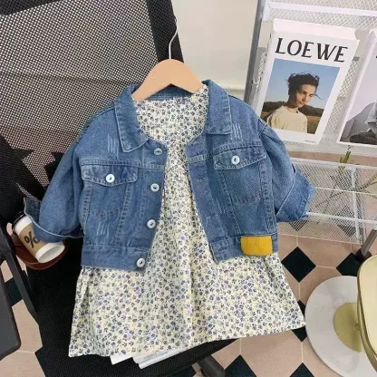 幼児用女の子向け小花柄Dressとデニムジャケットのツーピースセット - 青 - 8-9T - image 1