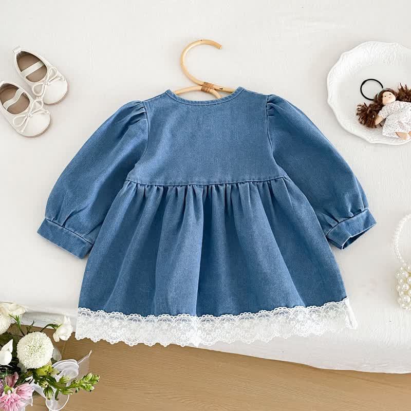 ベビー幼児用バタフライ柄デニムレース裾長袖Dress - image 2