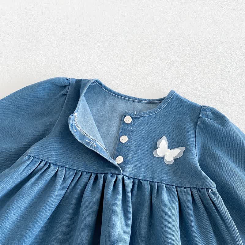 ベビー幼児用バタフライ柄デニムレース裾長袖Dress - image 4