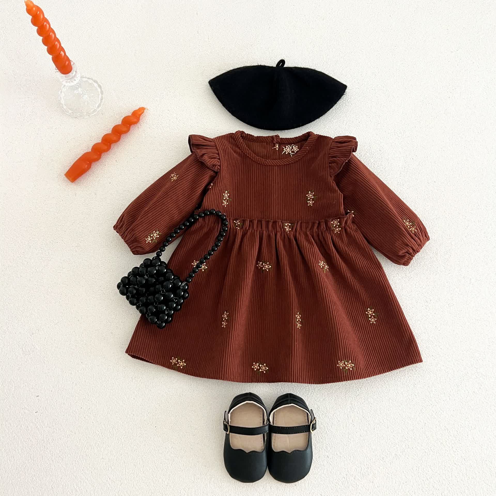 ベビー・幼児用女の子向けブラウン花柄コーデュロイ長袖Dress - image 1