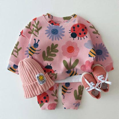 ベビーピンクの花と昆虫柄ワッフル生地2点セット - ピンク - 2～3歳 - image 1