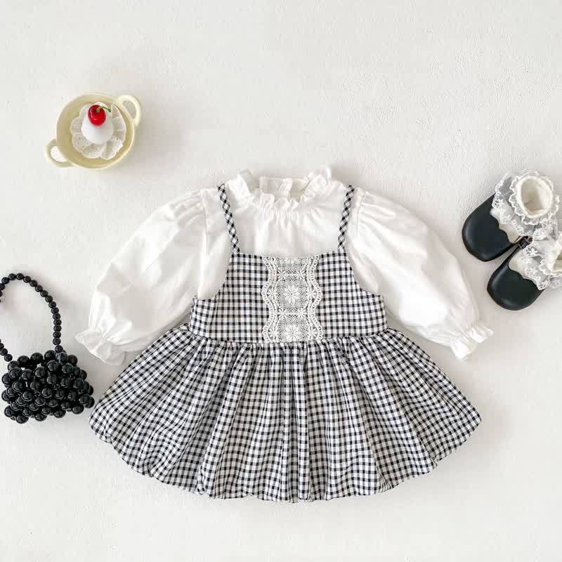 ベビーガール用ホワイトトップスとギンガムチェックのジャンパーDressのツーピースセット - image 2