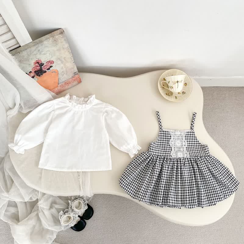 ベビーガール用ホワイトトップスとギンガムチェックのジャンパーDressのツーピースセット - image 3