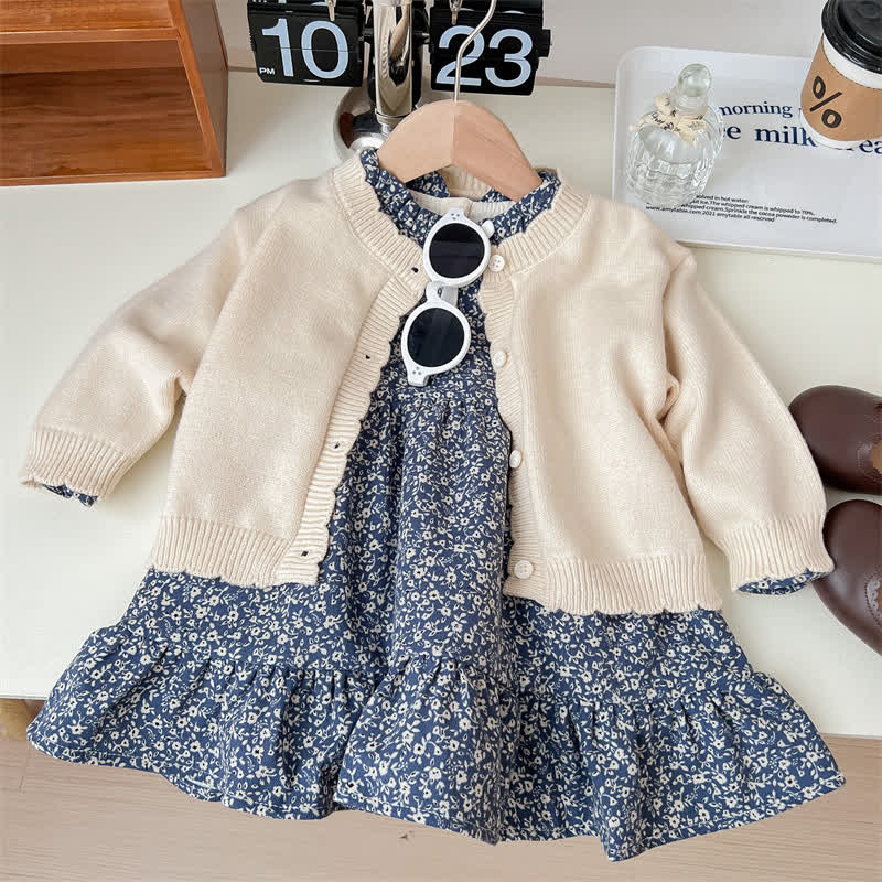 幼児用女の子用ベージュカーディガンまたはネイビー花柄長袖Dress - image 1