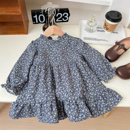幼児用女の子用ベージュカーディガンまたはネイビー花柄長袖Dress - 海軍 - 6.5-8T - image 3