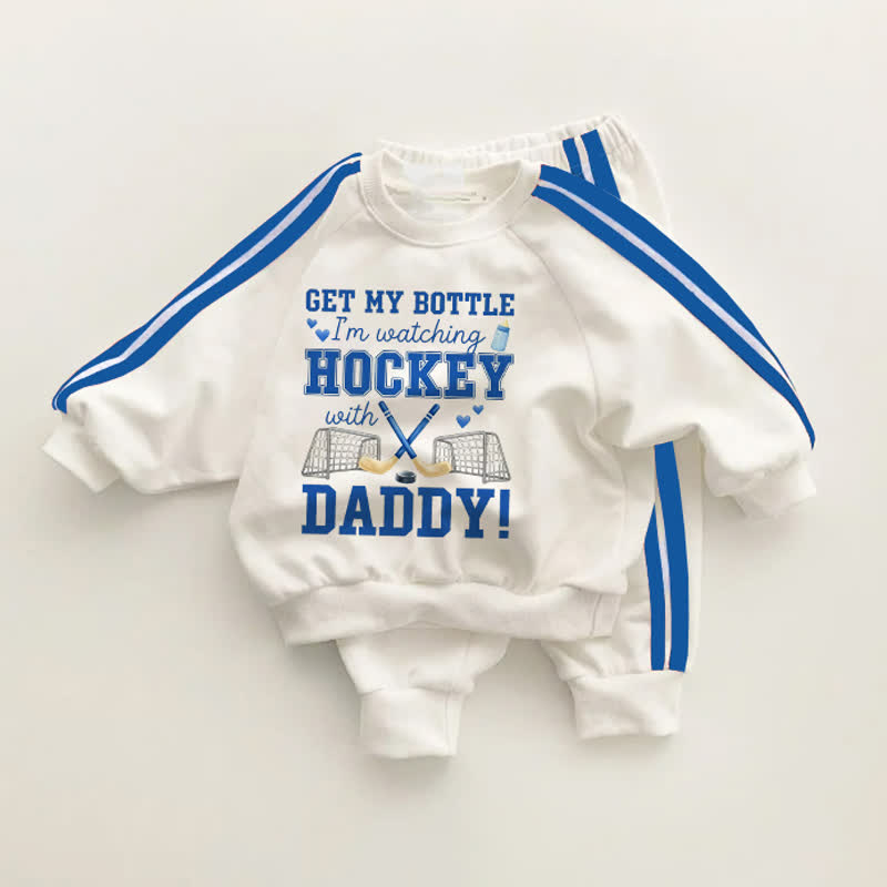 GET MY BOTTLE I'M WATCHING HOCKEY WITH DADDY！ベビーブルーストライプ柄ツーピースセット - ホワイト＆ブルー - 3～5歳 - image 1