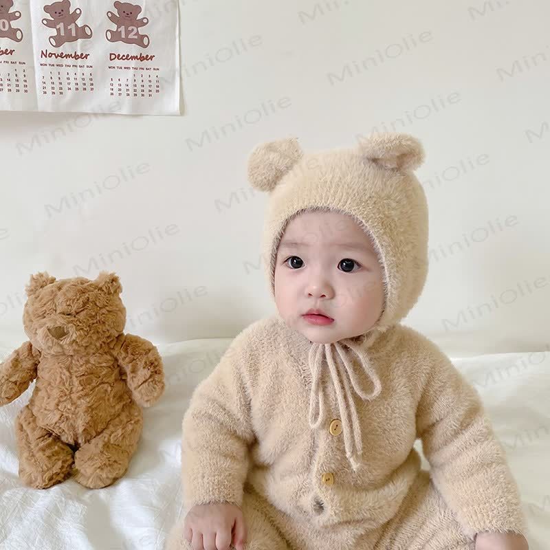 ベビー用フリース素材のクマ耳付き足つきロンパース（帽子付き） - image 4