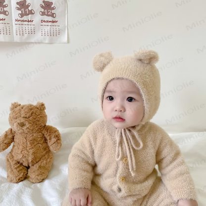 ベビー用フリース素材のクマ耳付き足つきロンパース（帽子付き） - image 4