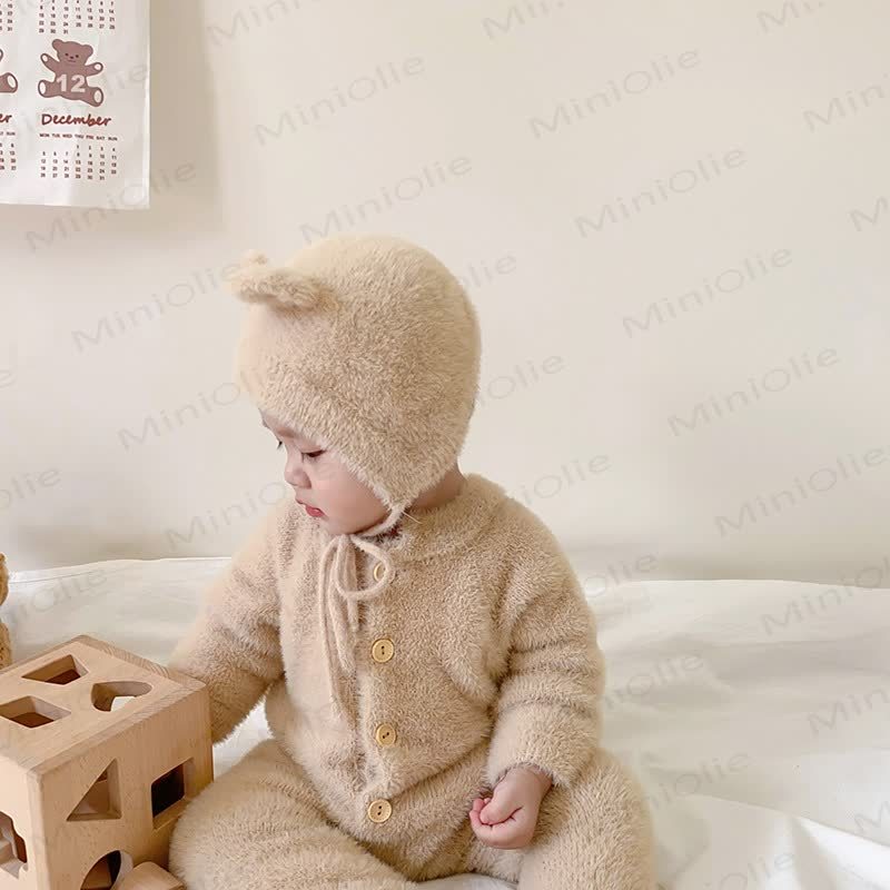 ベビー用フリース素材のクマ耳付き足つきロンパース（帽子付き） - image 5