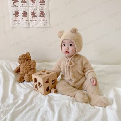 ベビー用フリース素材のクマ耳付き足つきロンパース（帽子付き） - image 6