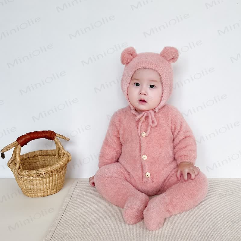 ベビー用フリース素材のクマ耳付き足つきロンパース（帽子付き） - ピンク - 2～3歳 - image 10
