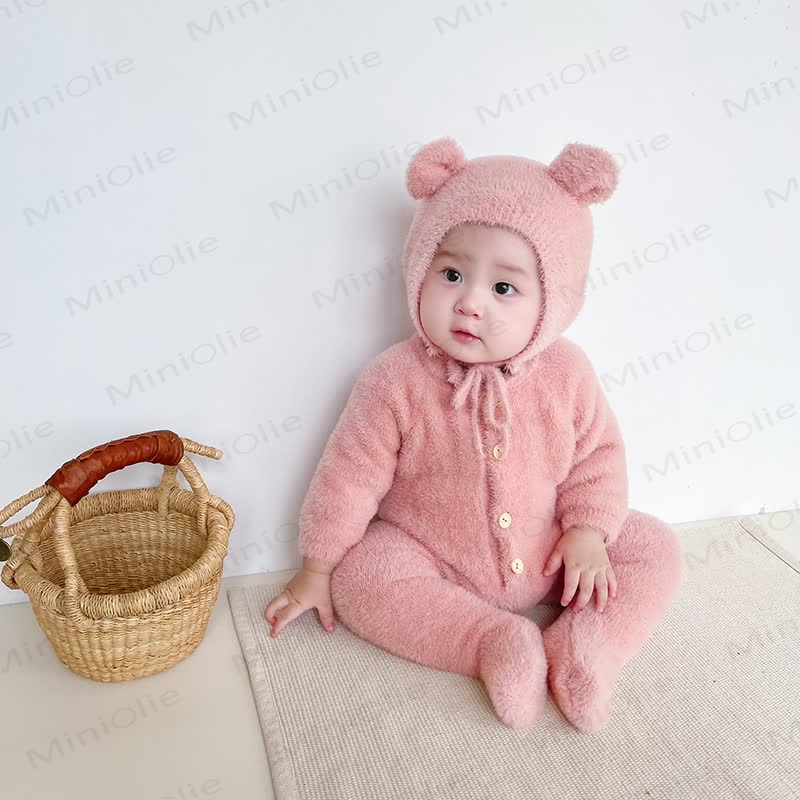 ベビー用フリース素材のクマ耳付き足つきロンパース（帽子付き） - image 12