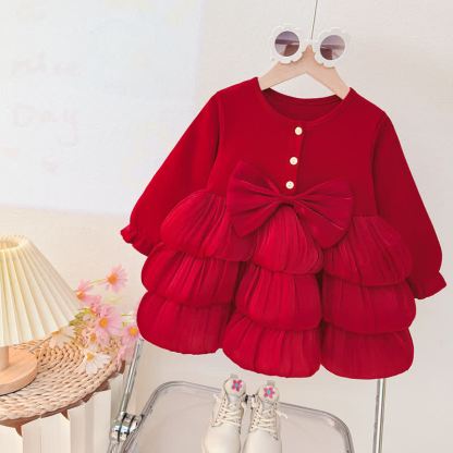 ベビー・幼児用女の子向けリボンウエストティアードチュールDress - 赤い長袖 - 30-36M - image 2