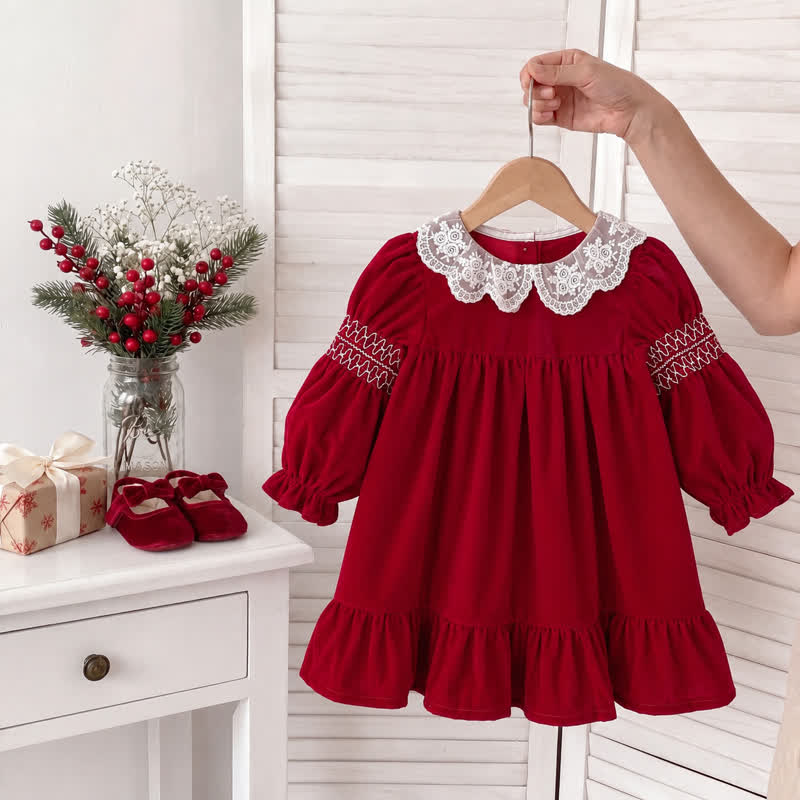 ベビー・幼児用 女の子用 赤いベルベット レース襟 クリスマスDress - image 1