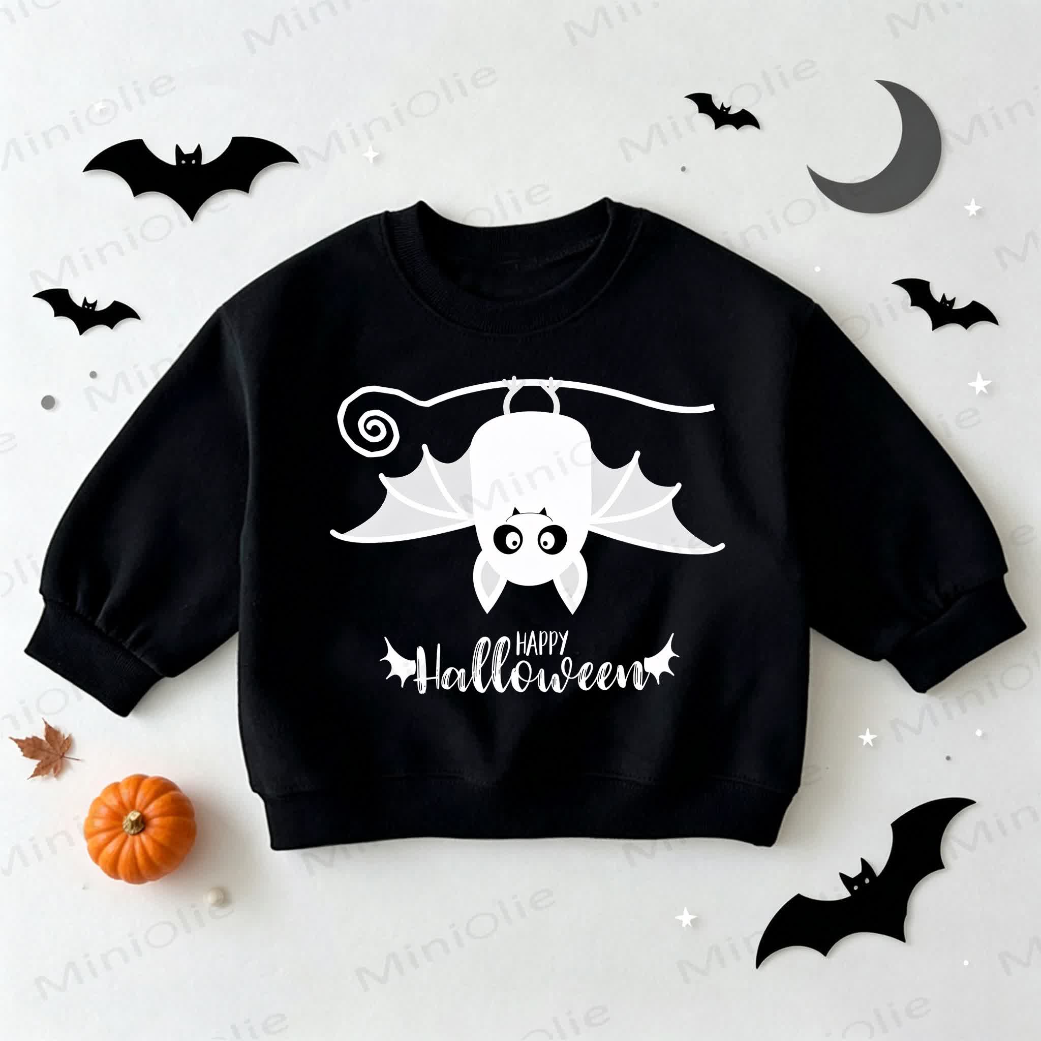 HAPPY HALLOWEEN幼児用コウモリ柄ブラックスウェットシャツ - 黒 - 3～5歳 - image 1