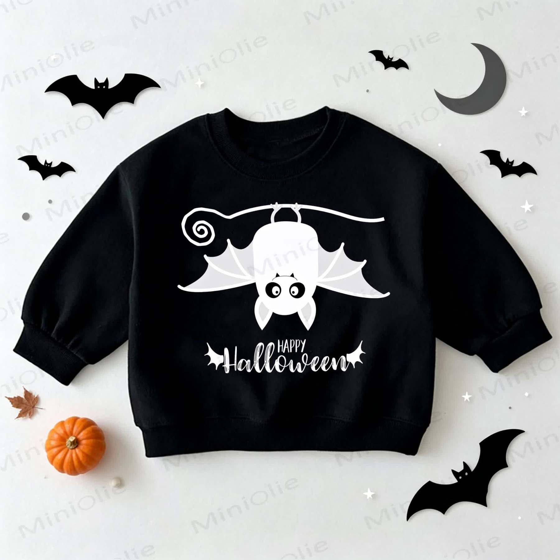 HAPPY HALLOWEEN幼児用コウモリ柄ブラックスウェットシャツ - 黒 - 3～5歳 - image 1