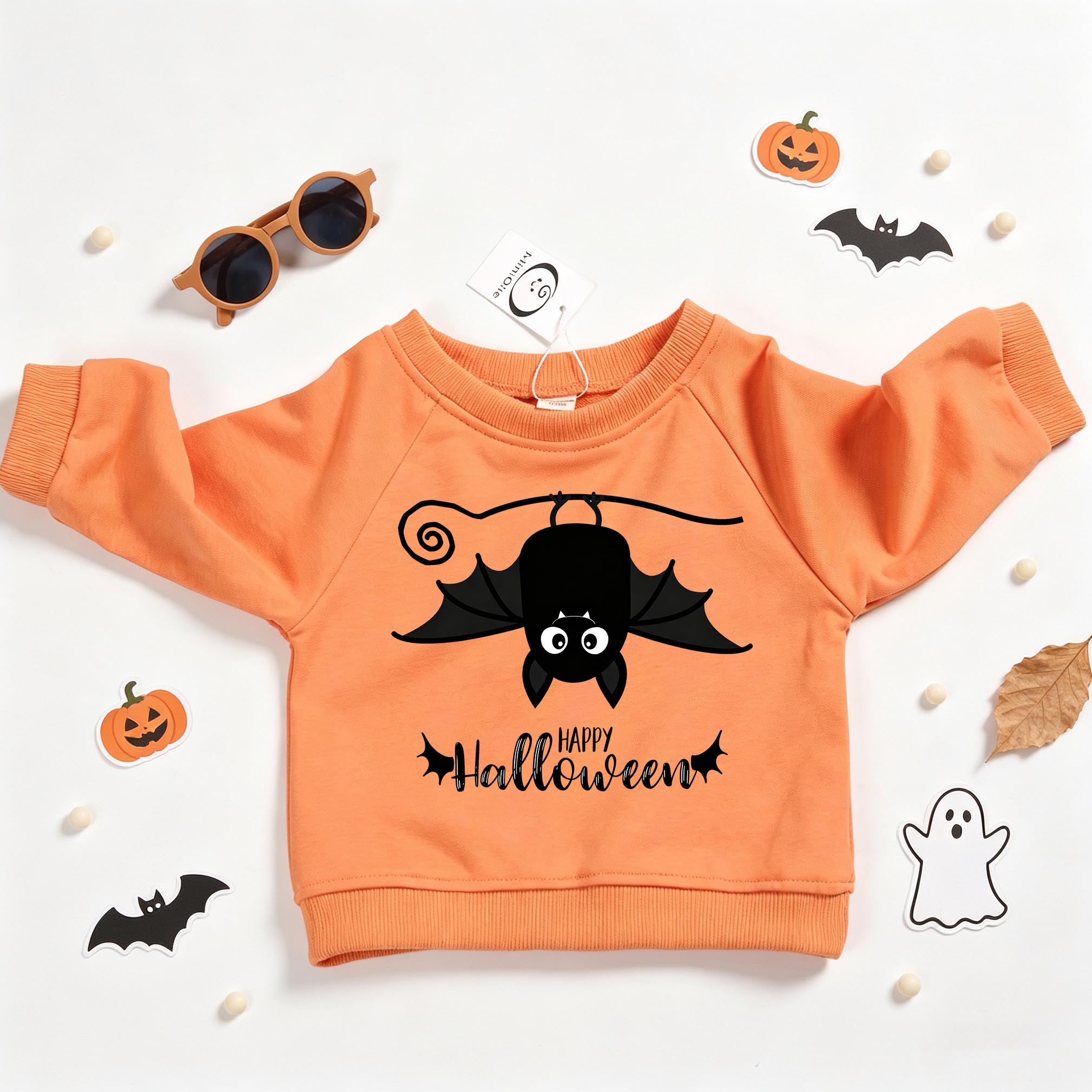HAPPY HALLOWEEN！赤ちゃん・幼児用コウモリ柄オレンジスウェットシャツ - オレンジ - 3～5歳 - image 1