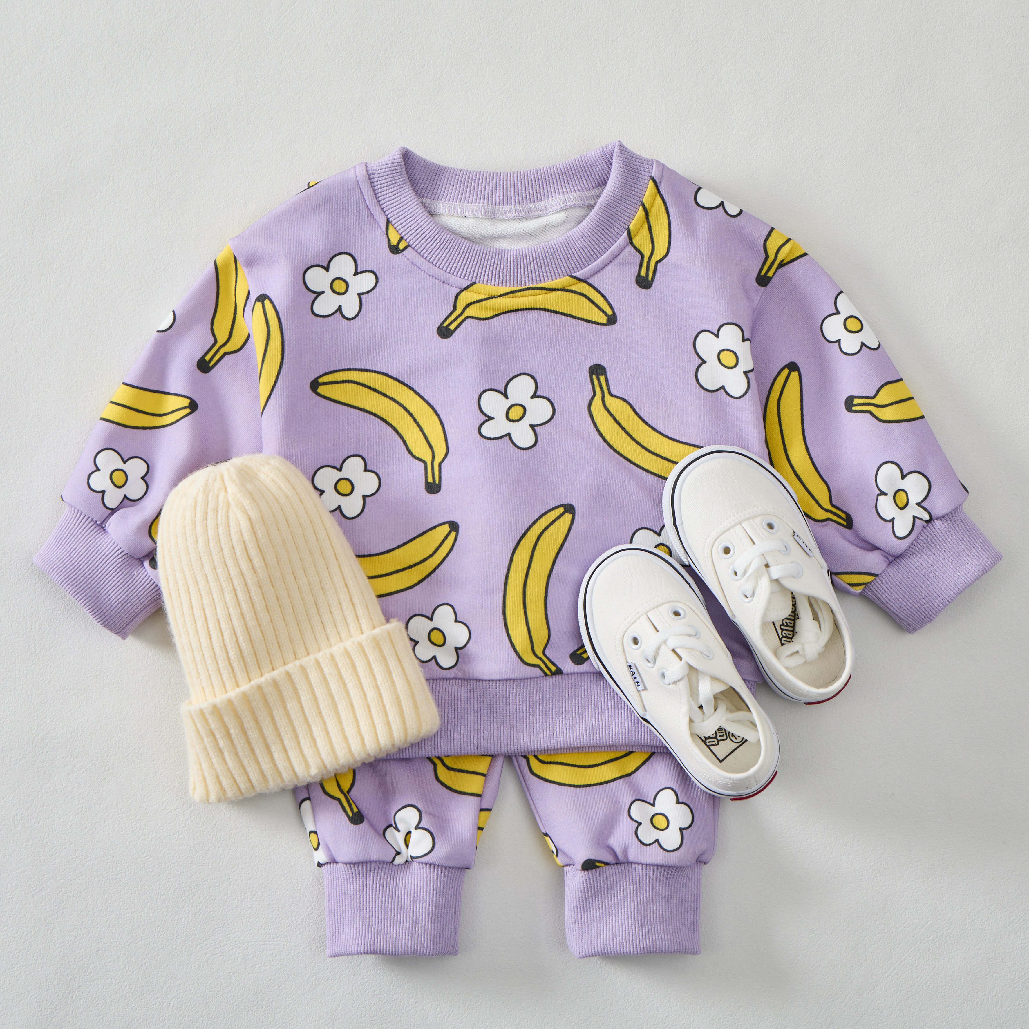 ベビーパープルのバナナと花柄プリントの2点セット - 紫 - 3～5歳 - image 1