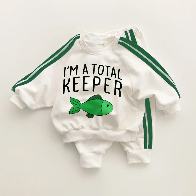 I'M A TOTAL KEEPER幼児用 魚柄 グリーンストライプ 2点セット - ホワイト＆グリーン - 3～5歳 - image 1