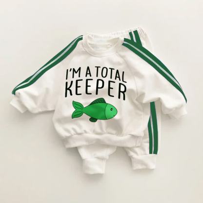 I'M A TOTAL KEEPER幼児用 魚柄 グリーンストライプ 2点セット - ホワイト＆グリーン - 3～5歳 - image 1