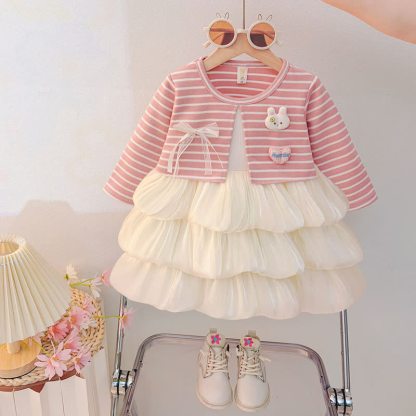ベビー・幼児用女の子向けうさぎ柄ストライプニットチュールDress - ピンク - 3～4歳 - image 1
