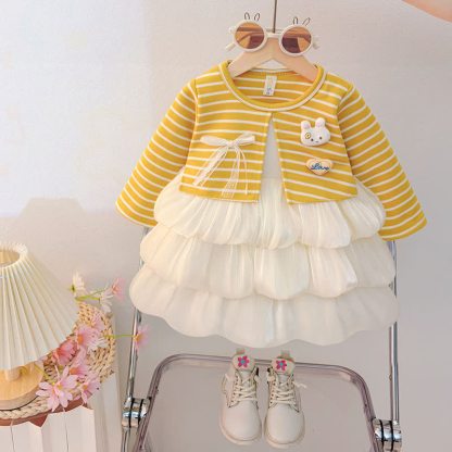 ベビー・幼児用女の子向けうさぎ柄ストライプニットチュールDress - 黄色 - 3～4歳 - image 2