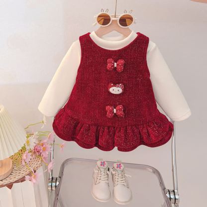 ベビーガール用ダブルリボンフリーストップ＆Dress - 赤 - 4～5歳 - image 1
