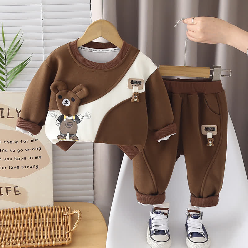 幼児男の子用クマ柄パッチ付きスウェットシャツとジョガーパンツの2点セット - 茶色 - 4～5歳 - image 4