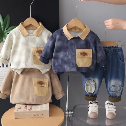 幼児用ヴィンテージカラープルオーバーとジーンズのツーピースセット - image 1