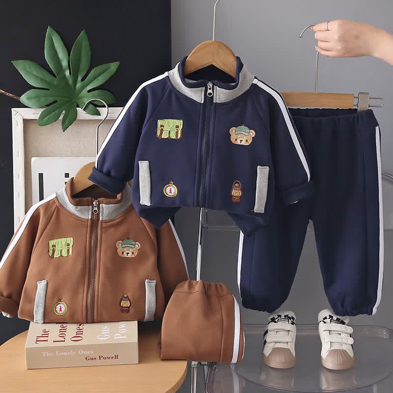 幼児男の子用クマ柄パッチ付きジップアップジャケットとジョガーパンツのツーピースセット - image 1