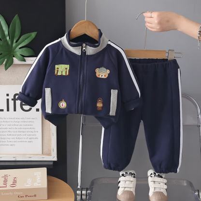 幼児男の子用クマ柄パッチ付きジップアップジャケットとジョガーパンツのツーピースセット - 海軍 - 4～5歳 - image 3