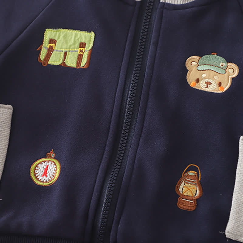 幼児男の子用クマ柄パッチ付きジップアップジャケットとジョガーパンツのツーピースセット - image 6