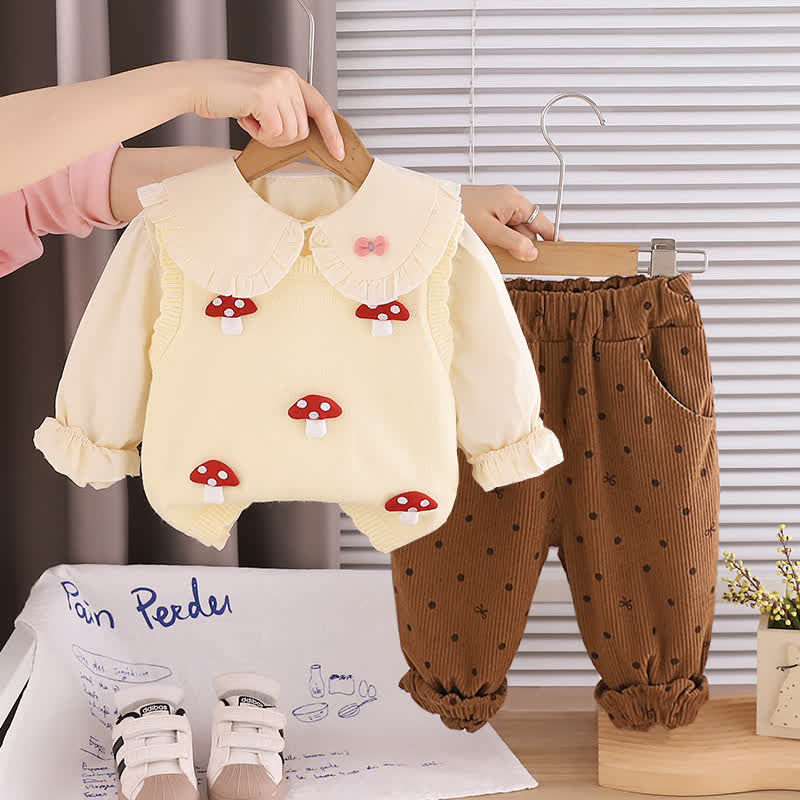 幼児用女の子向けマッシュルーム柄ニットトップス＆パンツ 3点セット - ベージュ - 4～5歳 - image 1