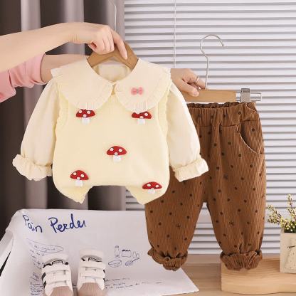 幼児用女の子向けマッシュルーム柄ニットトップス＆パンツ 3点セット - ベージュ - 4～5歳 - image 1