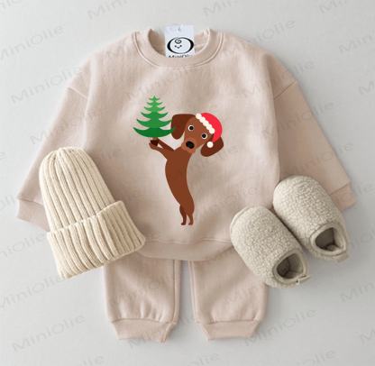 ベビークリスマスツリー柄ダックスフンドベージュスウェットシャツ2点セット - ベージュ - 2～3歳 - image 1