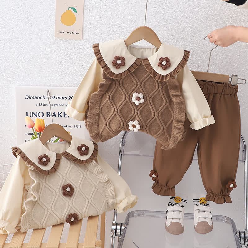 ベビー幼児用花柄ニットトップス＆パンツ3点セット - image 1