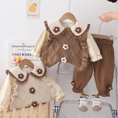ベビー幼児用花柄ニットトップス＆パンツ3点セット - image 1