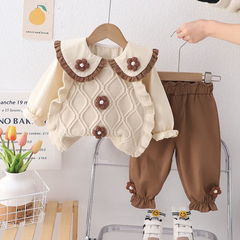 ベビー幼児用花柄ニットトップス＆パンツ3点セット - ベージュ - 4～5歳 - image 2
