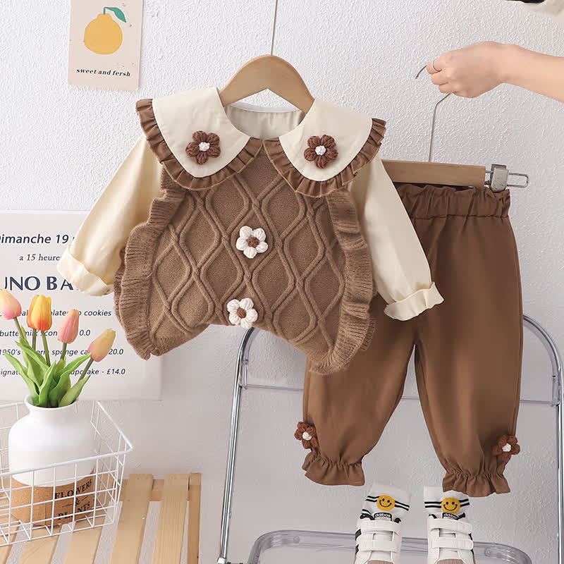 ベビー幼児用花柄ニットトップス＆パンツ3点セット - 茶色 - 4～5歳 - image 3