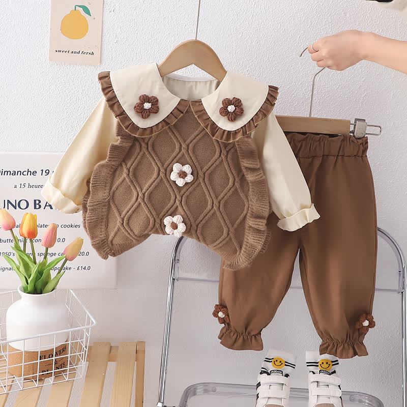 ベビー幼児用花柄ニットトップス＆パンツ3点セット - 茶色 - 4～5歳 - image 3