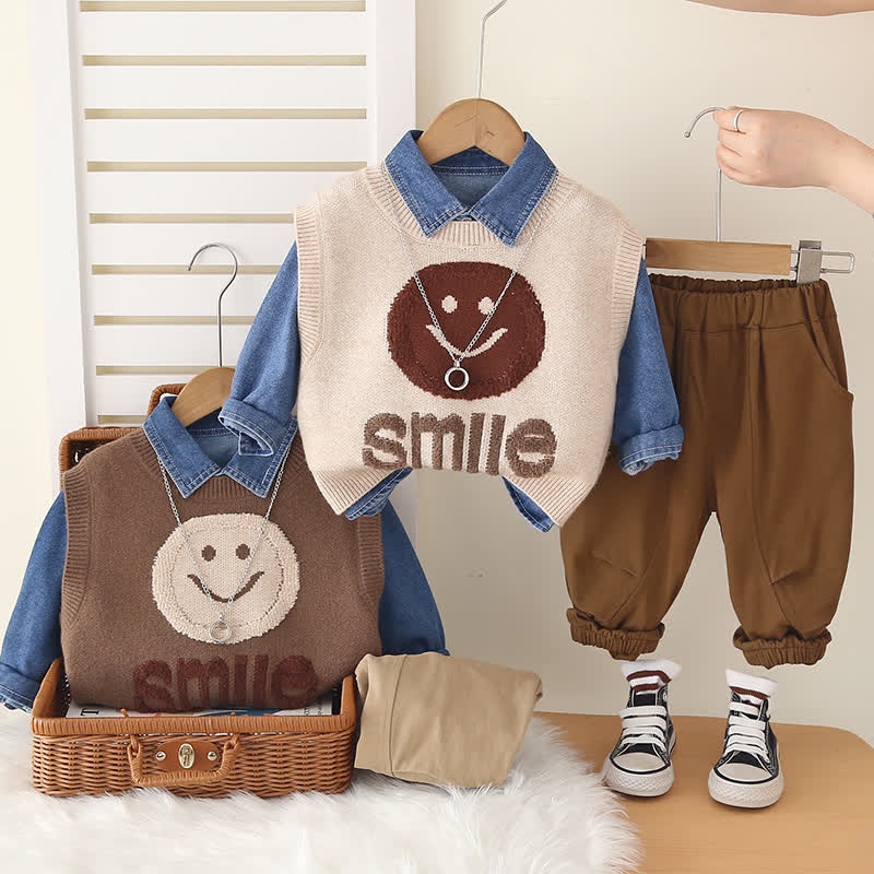 SMILE幼児男の子用スマイリーフェイスニットベスト＆ジョガーパンツ 3点セット - image 1