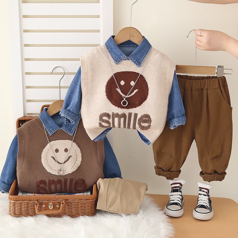 SMILE幼児男の子用スマイリーフェイスニットベスト＆ジョガーパンツ 3点セット - image 1