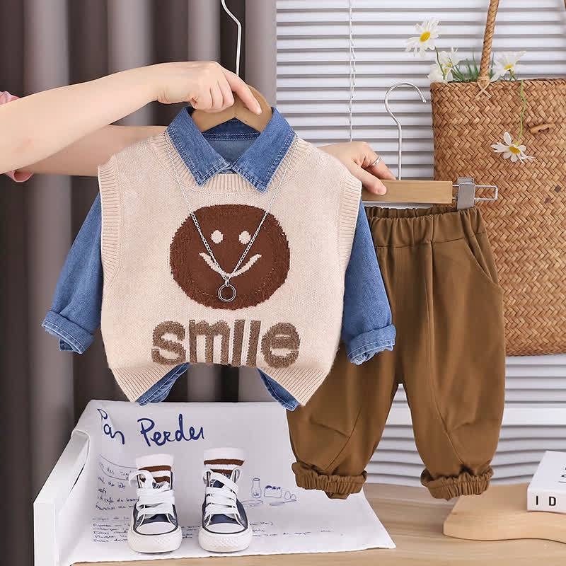 SMILE幼児男の子用スマイリーフェイスニットベスト＆ジョガーパンツ 3点セット - ベージュ - 4～5歳 - image 2