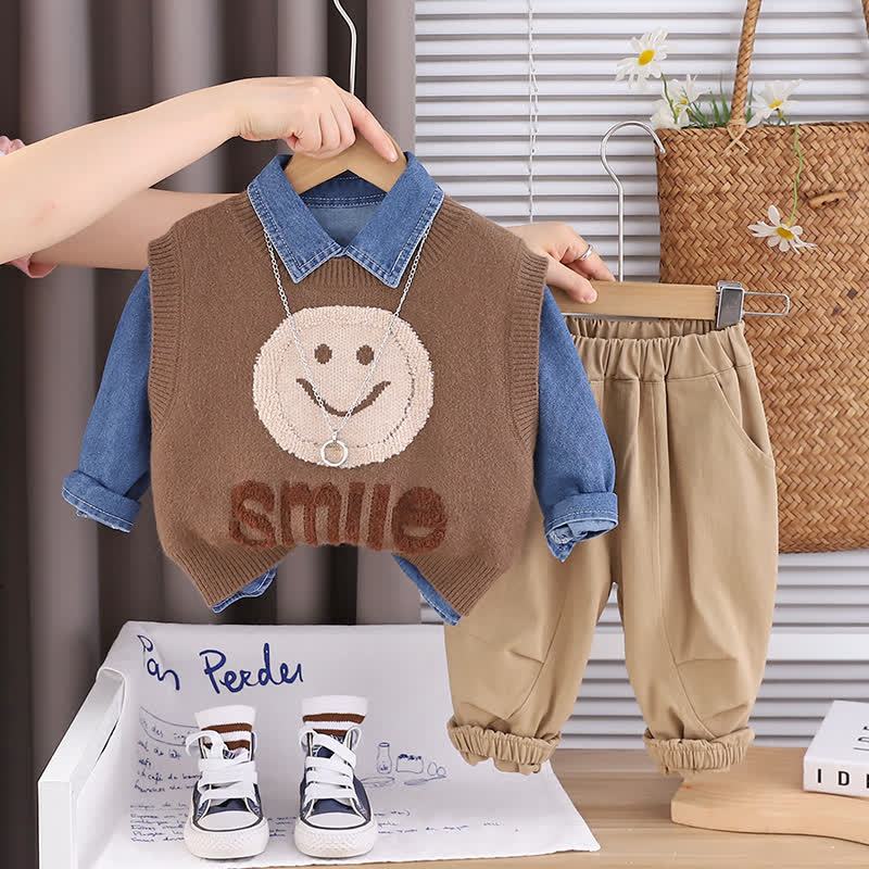 SMILE幼児男の子用スマイリーフェイスニットベスト＆ジョガーパンツ 3点セット - 茶色 - 4～5歳 - image 3