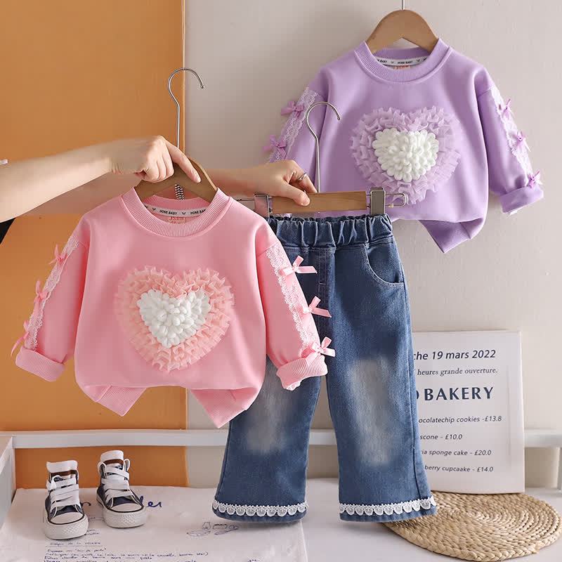 幼児用女の子向けチュールハート柄スウェットシャツとデニムパンツのツーピースセット - image 1