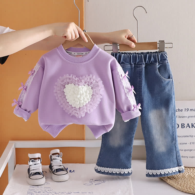 幼児用女の子向けチュールハート柄スウェットシャツとデニムパンツのツーピースセット - 紫 - 4～5歳 - image 3