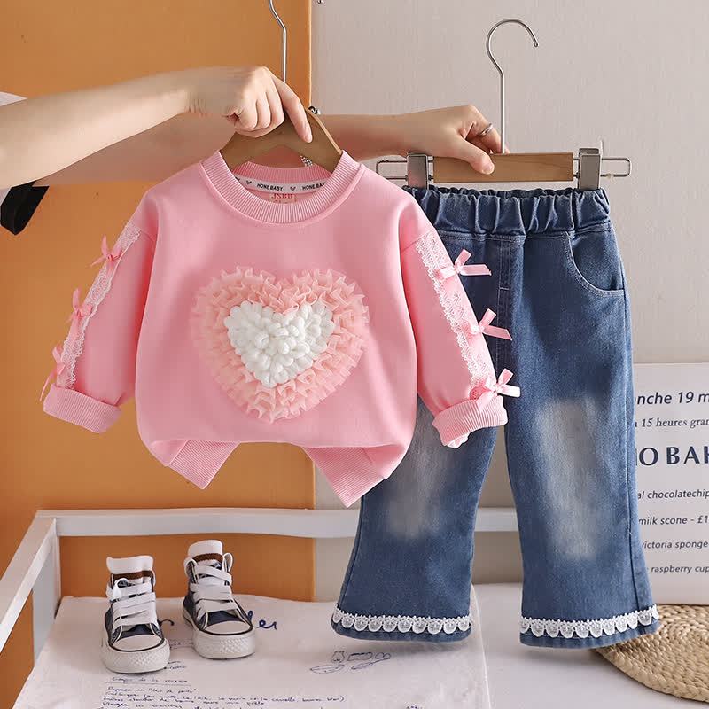 幼児用女の子向けチュールハート柄スウェットシャツとデニムパンツのツーピースセット - ピンク - 4～5歳 - image 2
