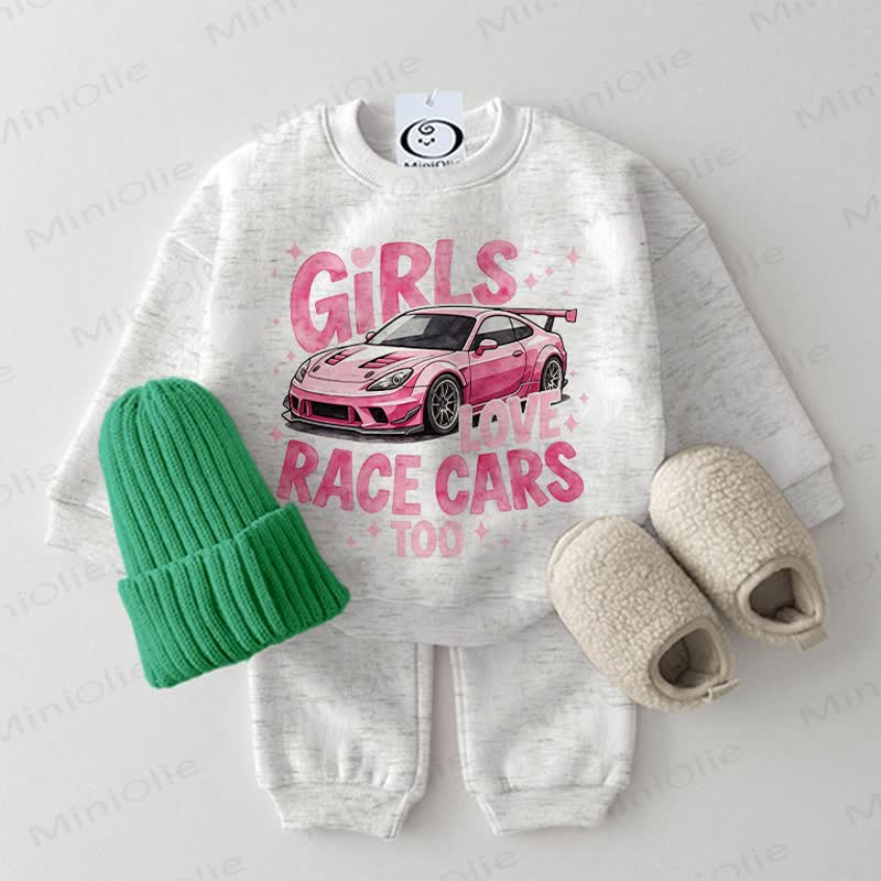 GIRLS LOVE RACE CARS TOO！ベビー用乗り物柄ライトグレースウェットシャツ2点セット - ライトグレー - 2～3歳 - image 1