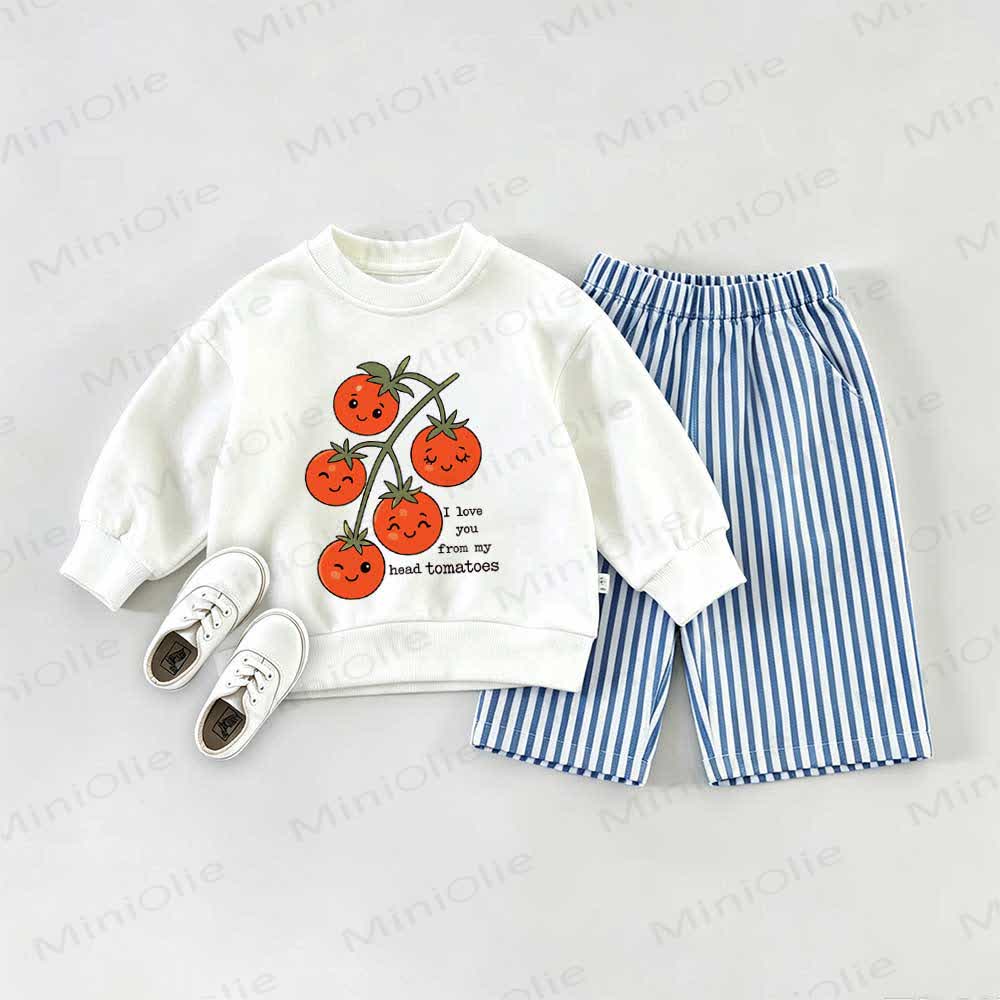 I LOVE YOU FROM MY HEAD TOMATOESベビートマト柄スウェットシャツ 2点セット - ホワイト＆ブルー - 2～3歳 - image 1
