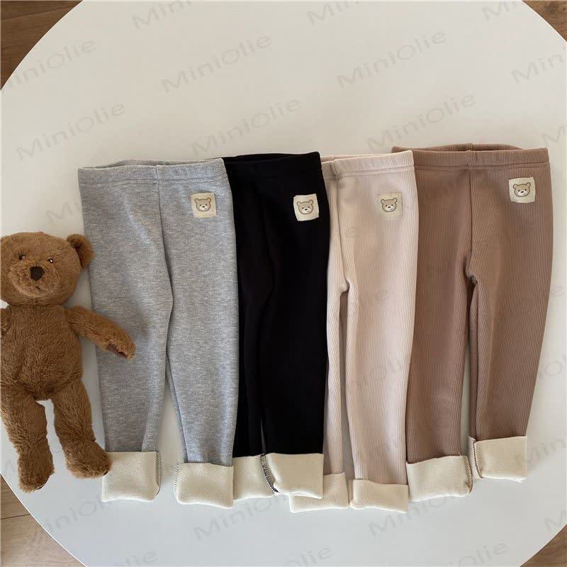 幼児用クマのワッペン付きリブ編みフリース裏地付きレギンス - image 1
